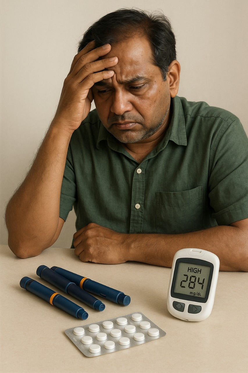 “Middle-aged man worried about high blood sugar, sitting with insulin pens, diabetes tablets, and a glucose meter showing 284 mg/dL.”