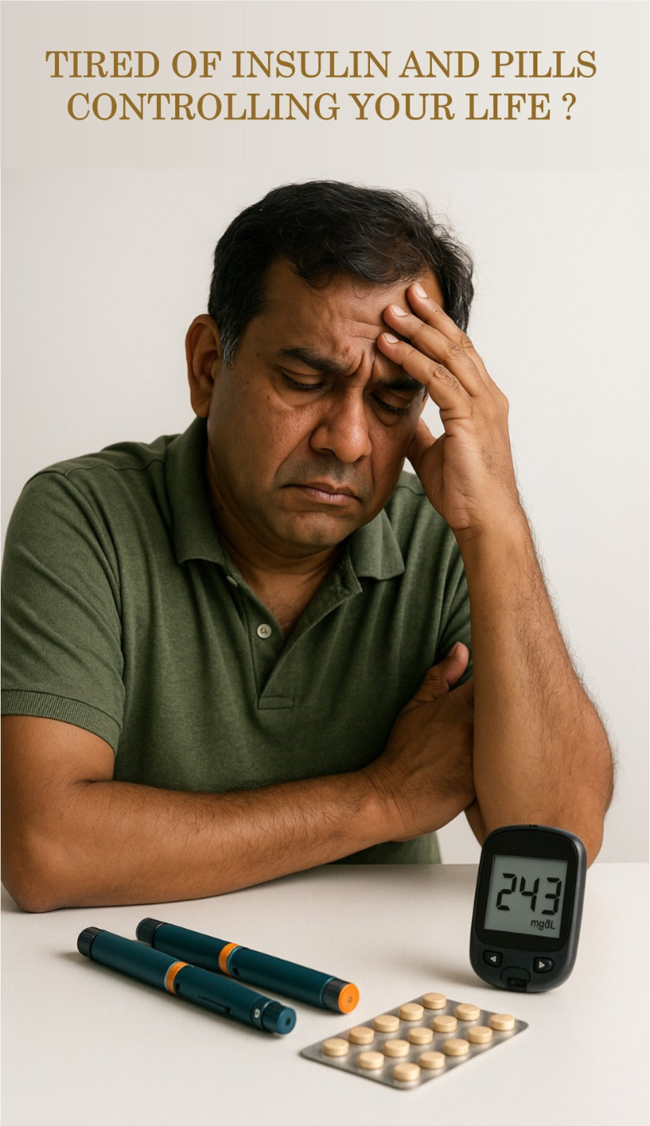 Man feeling frustrated with high blood sugar level of 243 mg/dL, surrounded by insulin pens and pills, representing diabetes struggles.
