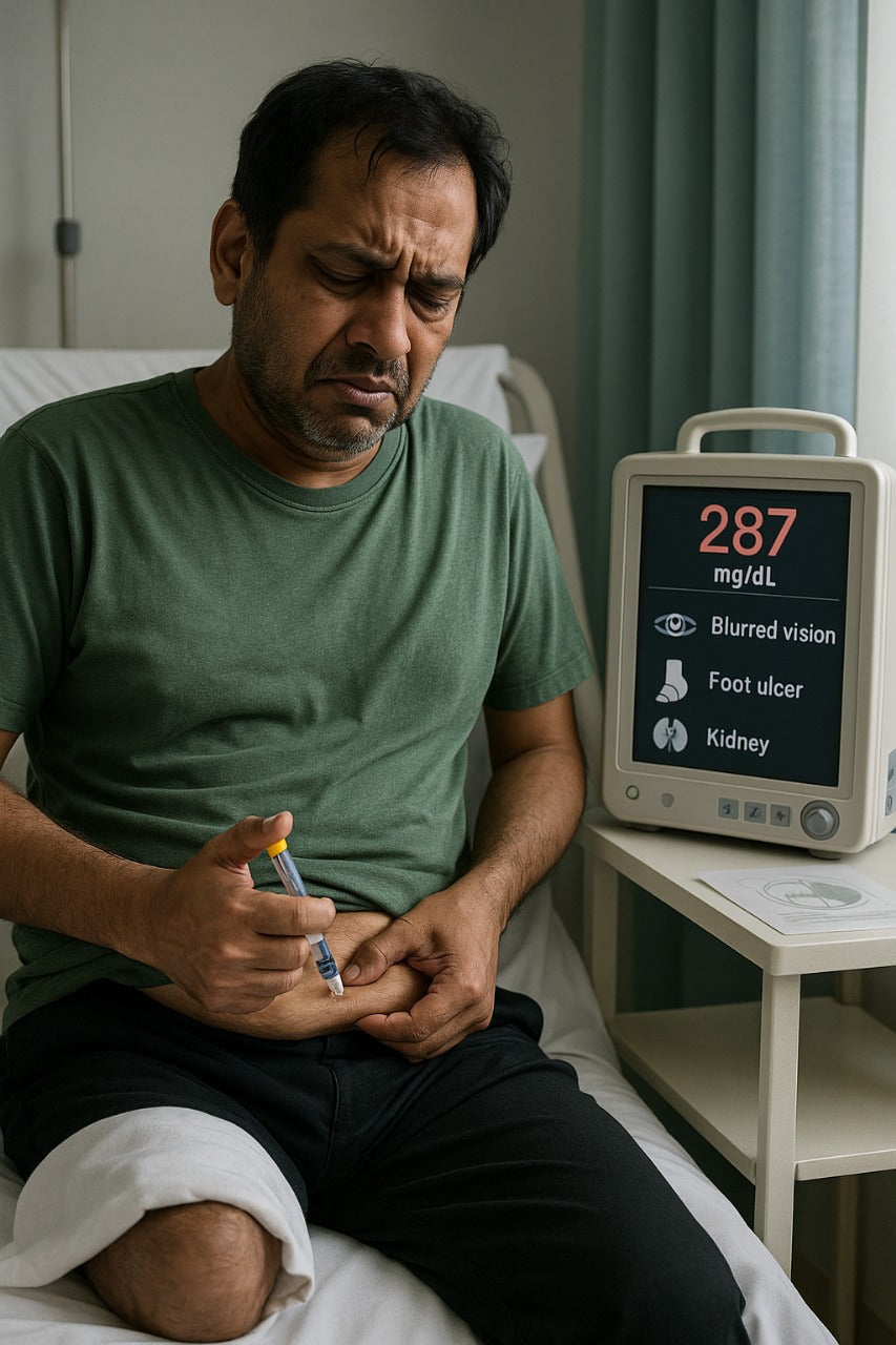Person on insulin and multiple medications, monitor shows high sugar readings.