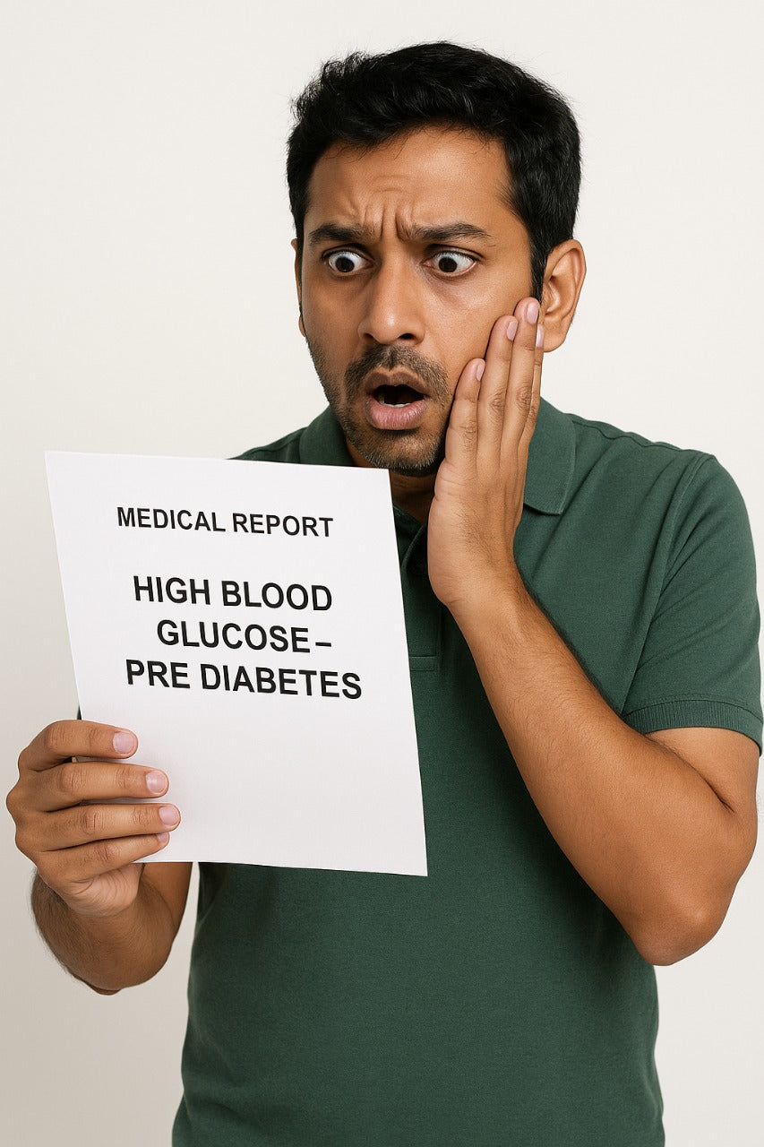 Man shocked after newly diagnosed/pre-diabetes with medical report showing high blood glucose.