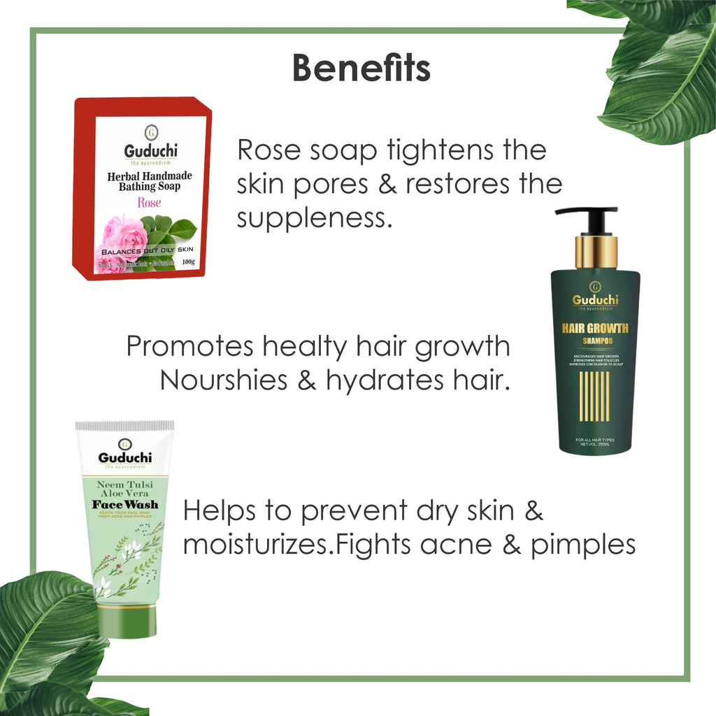 Glow from Head to Toe: Rose Soap, Hair Growth Shampoo & Neem Tulsi Face Wash Combo - Guduchi Ayurveda