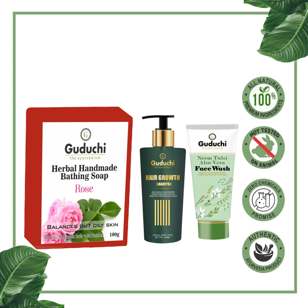 Glow from Head to Toe: Rose Soap, Hair Growth Shampoo & Neem Tulsi Face Wash Combo - Guduchi Ayurveda