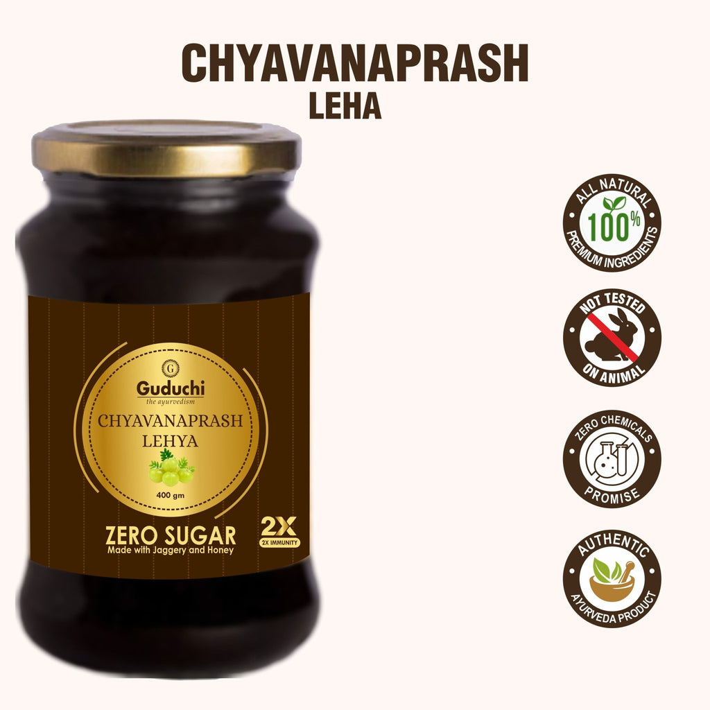 Guduchi Ayurveda Chyavanprash Made with Jaggery and Honey, Packed in glass jar, 2X Immunity Booster for all age groups-No Sugar - 400gms [LIMITED OFFER: PACK OF 3 AT THE PRICE OF 2] - Guduchi Ayurveda