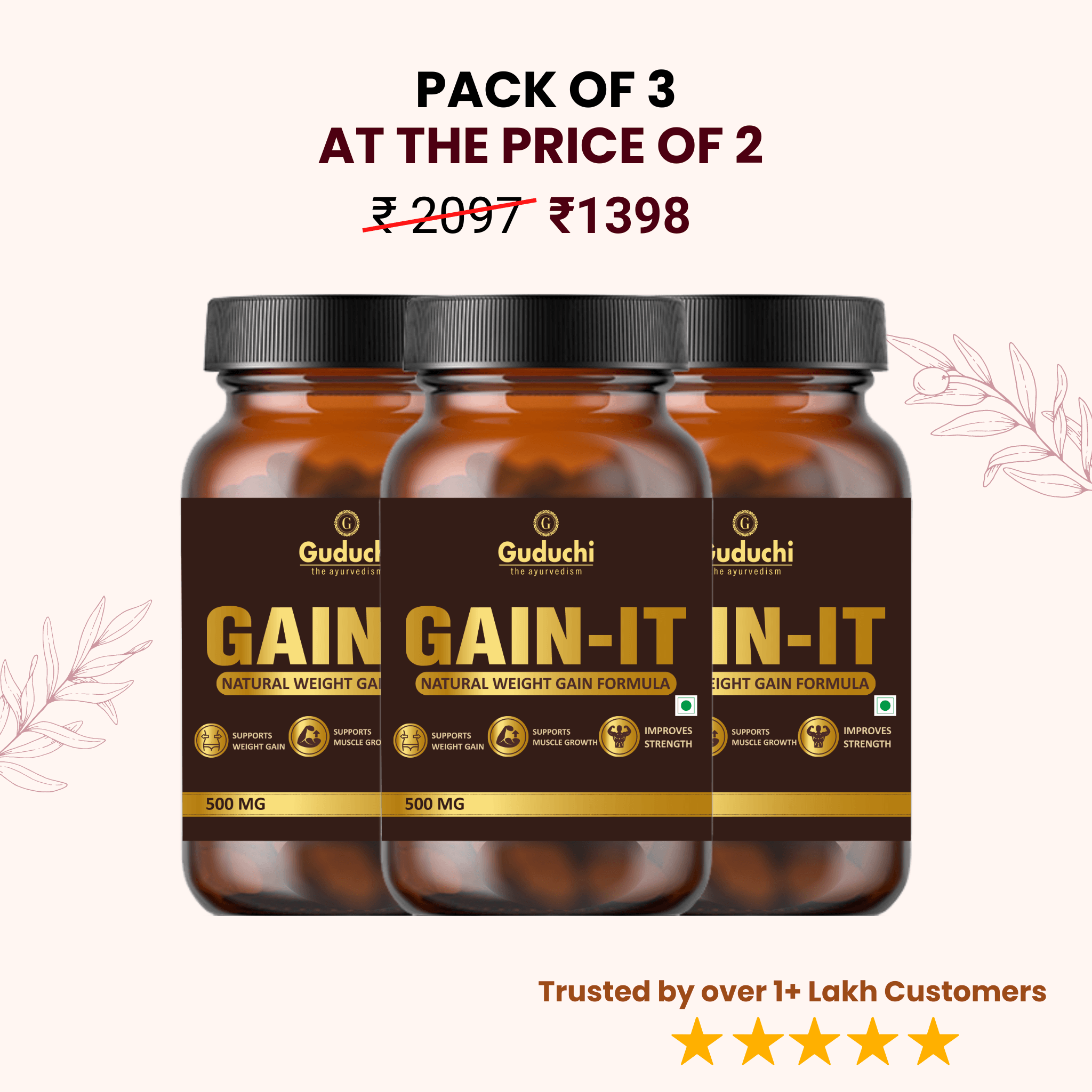 Guduchi Ayurveda GAIN-IT for Natural Weight & Muscle Gain and Bone Strength | For Under weight men and women | 500mg X 120 Tabs X 3 Bottles - Guduchi Ayurveda