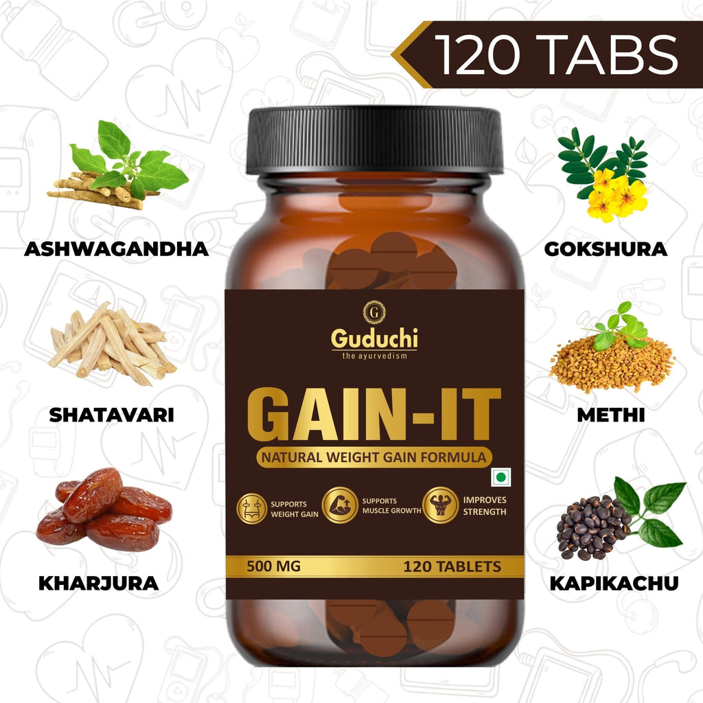 Guduchi Ayurveda GAIN-IT Tablets for Fast Weight & Muscle Gain and Bone Strength | For Under weight men and women | 500mg Tablets - 120 Tabs - Guduchi Ayurveda