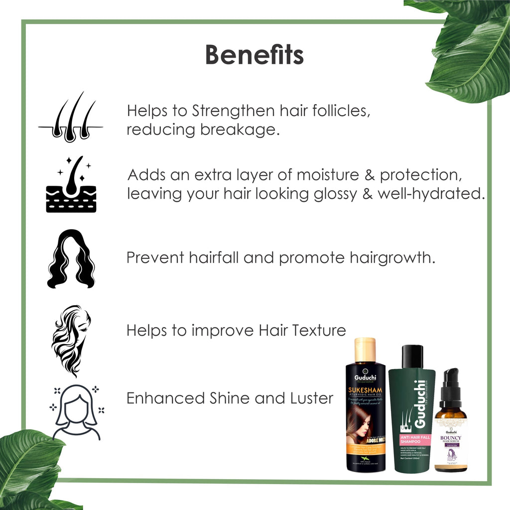 Hair Fall Defenders: Guduchi's Sukesham Oil, Anti Hairfall Shampoo & Bouncy Hair Serum Combo - Guduchi Ayurveda