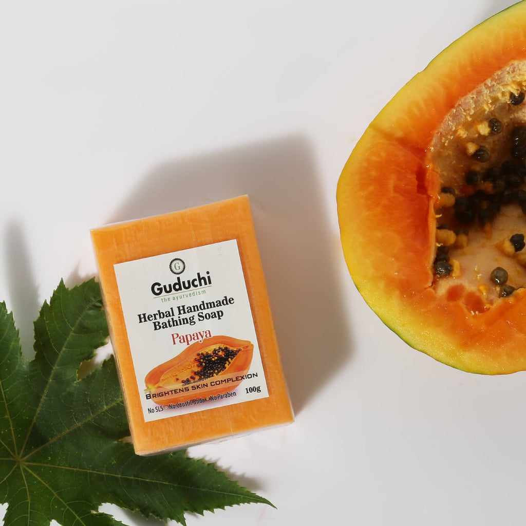 Herbal Handmade Papaya Bathing Soap for Bright, Glowing Skin, Helpful in pigmentation-5*100gm - Guduchi Ayurveda
