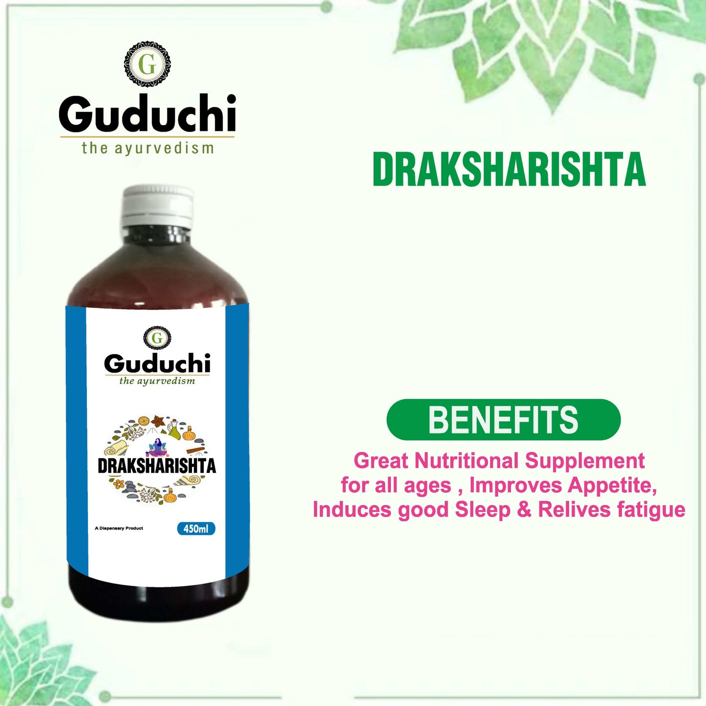 Asava Arishta Draksharishta | Great Nutritional Supplement for all ages | Improves Appetite | Induces good Sleep & Relives fatigue | 450ML - Guduchi Ayurveda