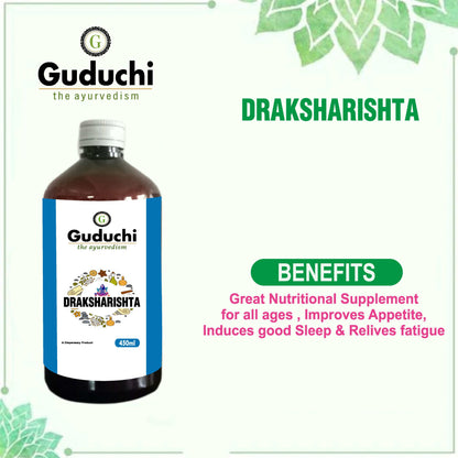 Asava Arishta Draksharishta | Great Nutritional Supplement for all ages | Improves Appetite | Induces good Sleep & Relives fatigue | 450ML - Guduchi Ayurveda