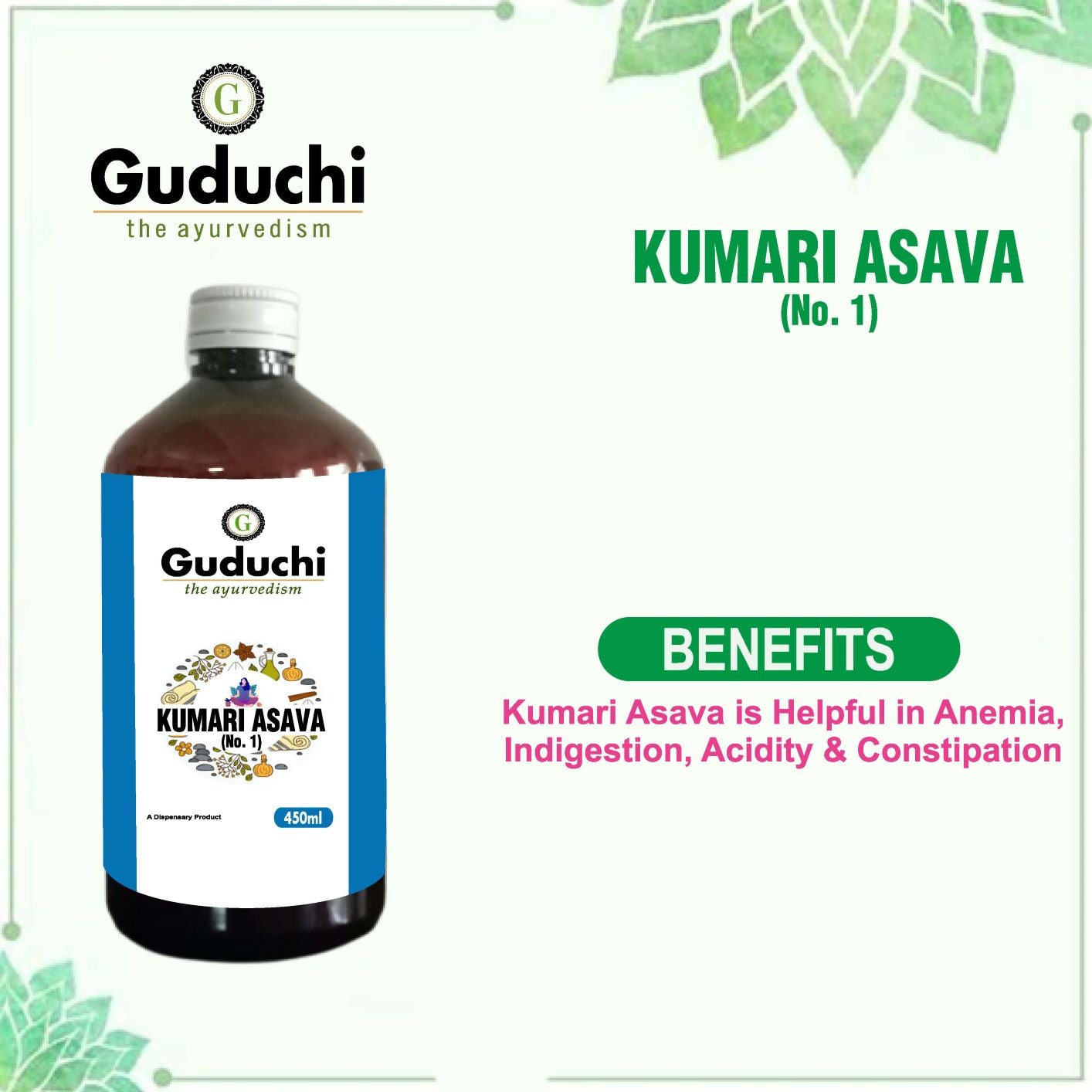 Asava Arishta Kumari Asava No.1 | Helpful in Anemia, Indigestion, Acidity & Constipation | Liver Tonic | 450ML - Guduchi Ayurveda