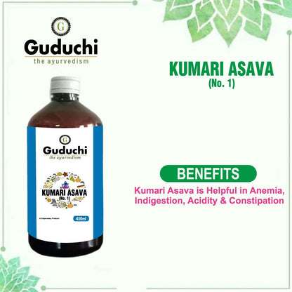 Asava Arishta Kumari Asava No.1 | Helpful in Anemia, Indigestion, Acidity & Constipation | Liver Tonic | 450ML - Guduchi Ayurveda