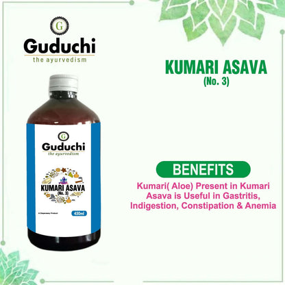 Asava Arishta Kumari Asava No.3 | Useful in Gastritis, Indigestion, Constipation & Anemia | 450ML - Guduchi Ayurveda