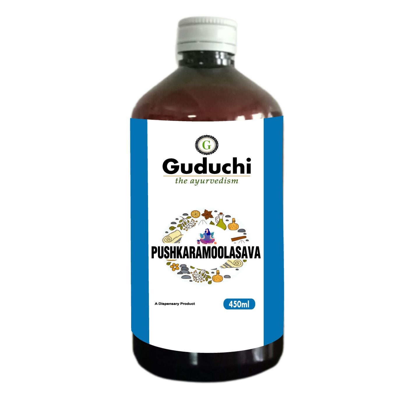 Asava Arishta Pushakaramoolasava | Useful in Pulmonary Disorder, bronchial Asthma, Cough, Chest Pain & Breathlessness | 450ML - Guduchi Ayurveda