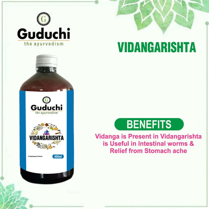 Asava Arishta Vidangarishta | Useful in Intestinal worms & Relief from Stomach ache | 450ML - Guduchi Ayurveda