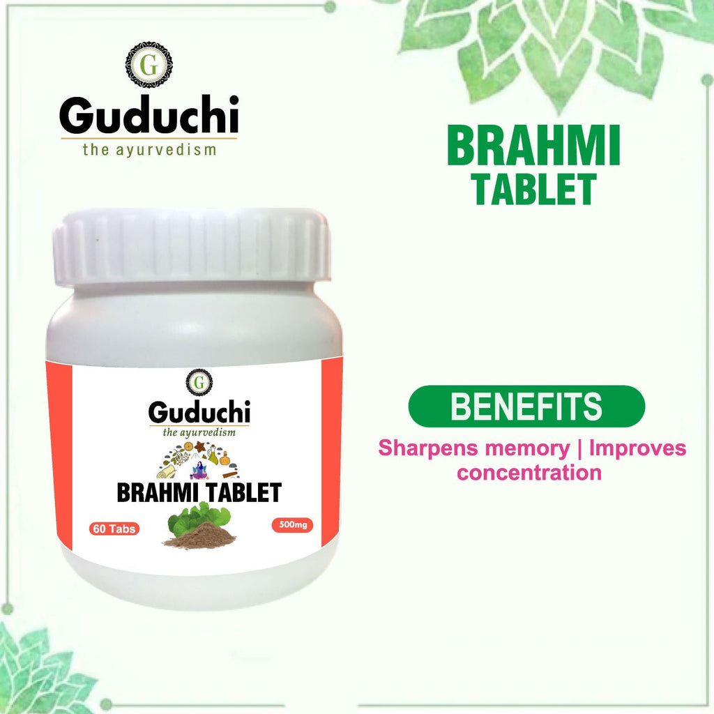 Brahmi Tablet | Sharpen memory | Improves concentration | Relieve Stress - 60 Tabs | 500mg - Guduchi Ayurveda