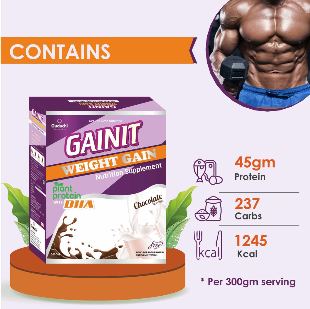 Gainit Weight Gain Powder | Plant protein with DHA | Sugar Free | Chocolate Flavour |100% vegetarian - Guduchi Ayurveda