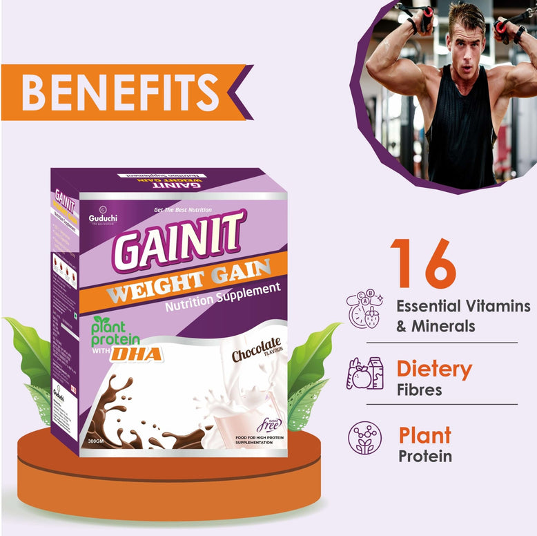 Gainit Weight Gain Powder | Plant protein with DHA | Sugar Free | Chocolate Flavour |100% vegetarian - Guduchi Ayurveda