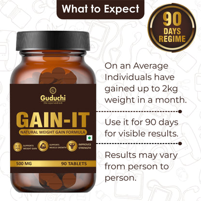 Guduchi Ayurveda GAIN-IT Tablets for Fast Weight & Muscle Gain and Bone Strength | For Under weight men and women | 500mg Tablets - 120 Tabs