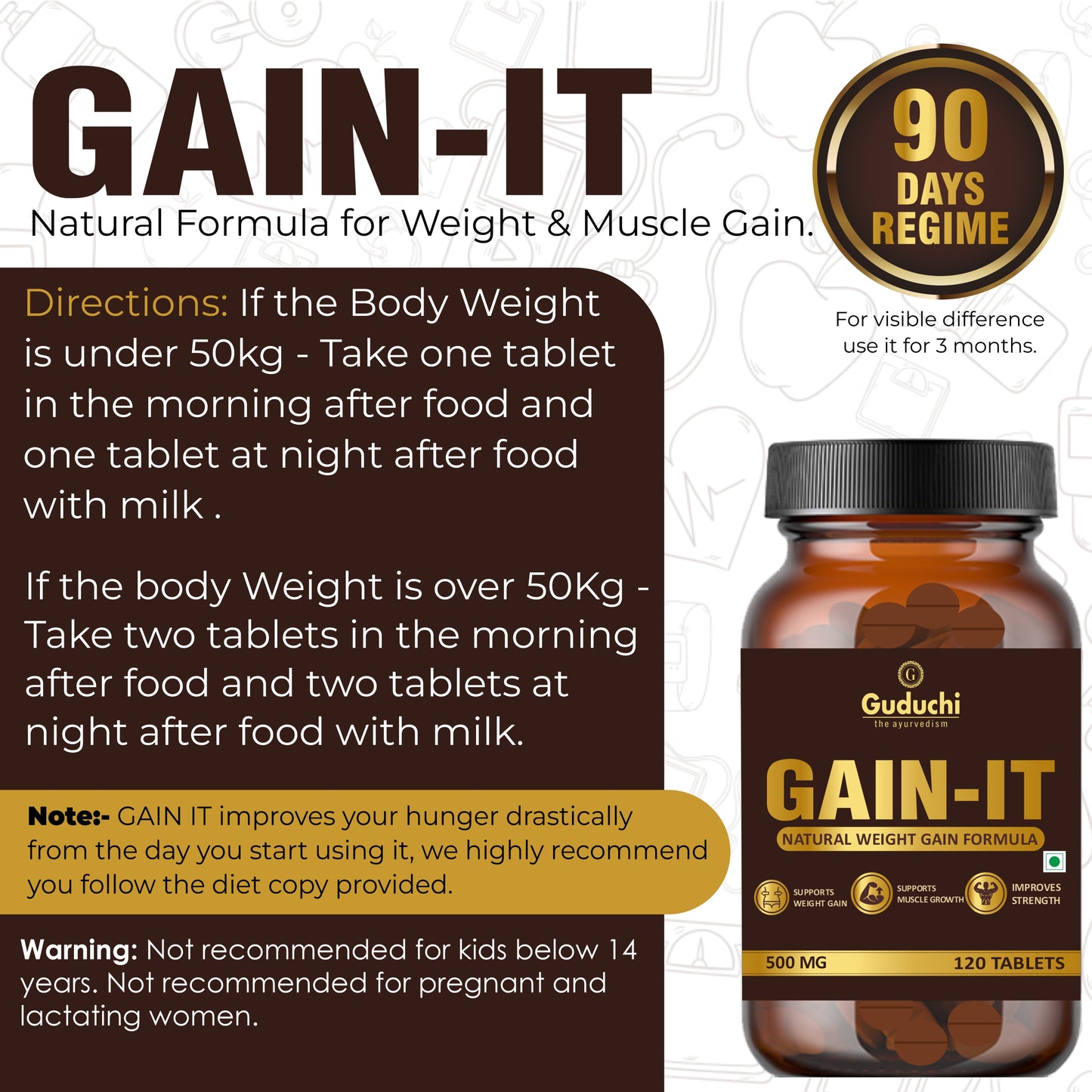 Guduchi Ayurveda GAIN-IT Tablets for Fast Weight & Muscle Gain and Bone Strength | For Under weight men and women | 500mg Tablets - 120 Tabs * 3 Bottles