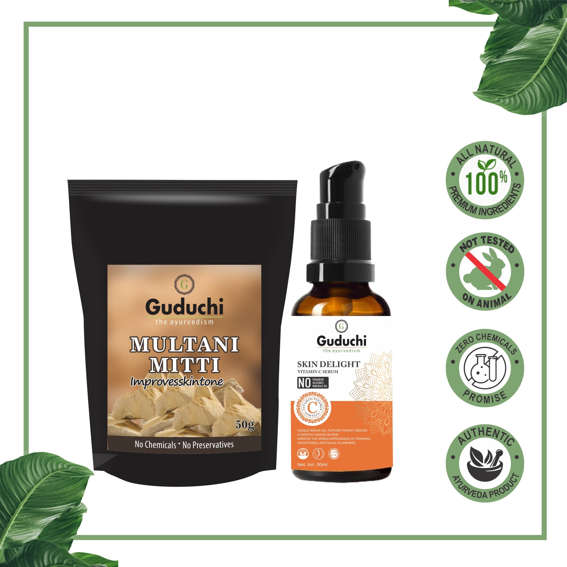 Glowing Skin Duo Guduchi Ayurveda Vitamin C Serum & Multani Mitti Combo Pack - Guduchi Ayurveda