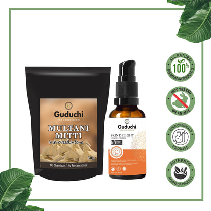 Glowing Skin Duo Guduchi Ayurveda Vitamin C Serum & Multani Mitti Combo Pack - Guduchi Ayurveda