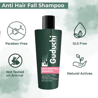 Guduchi Ayurveda Anti Hair Fall shampoo made from Amla, Bhringaraj and Hibiscus | SLS & Paraben FREE | Natural Actives | 250ML | Rs 349. - Guduchi Ayurveda