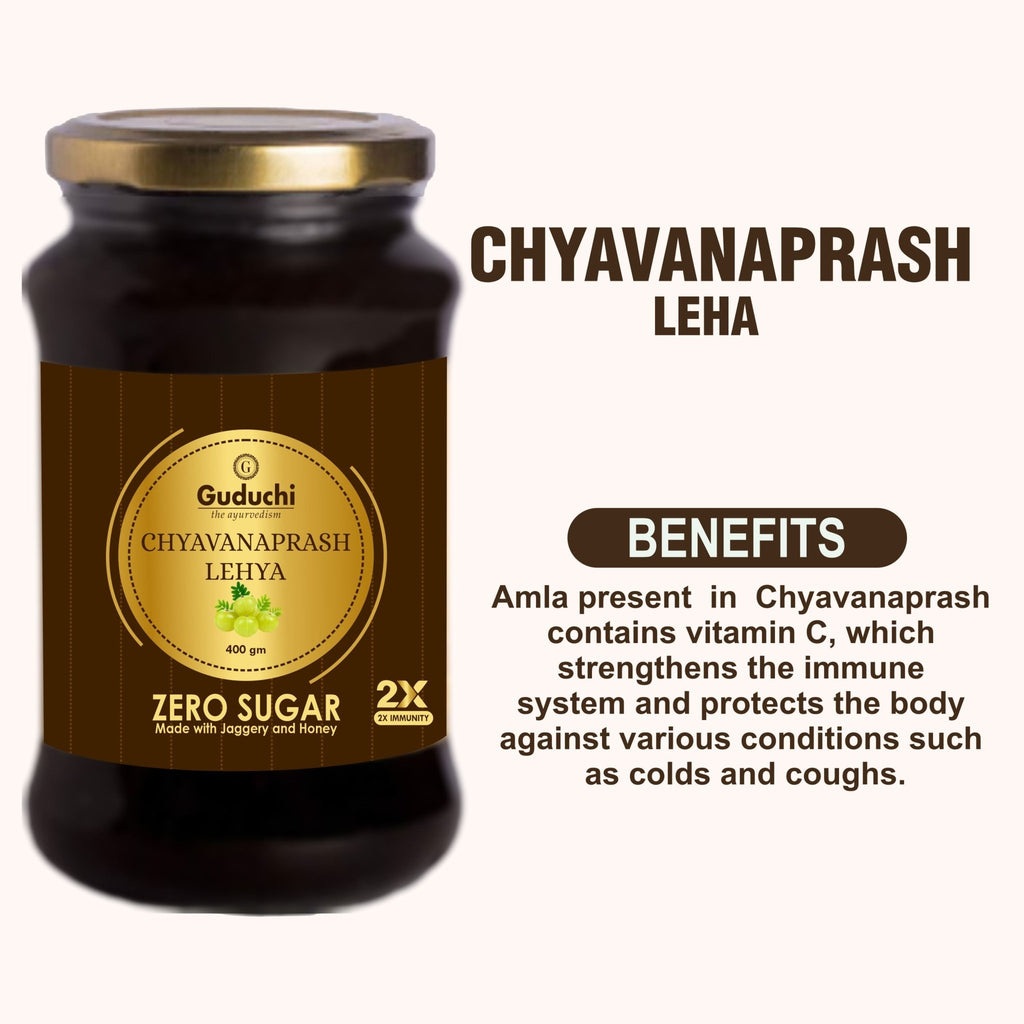 Guduchi Ayurveda Chyavanprash Made with Jaggery and Honey, Packed in glass jar, 2X Immunity Booster for all age groups-No Sugar - 400gms [LIMITED OFFER: PACK OF 3 AT THE PRICE OF 2] - Guduchi Ayurveda