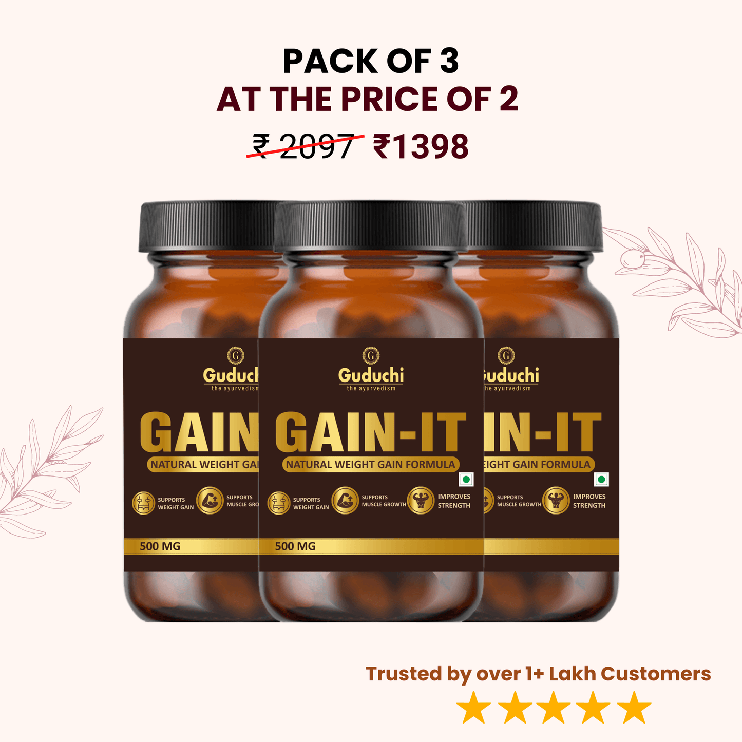 Guduchi Ayurveda GAIN-IT for Natural Weight & Muscle Gain and Bone Strength | For Under weight men and women | 500mg X 120 Tabs X 3 Bottles - Guduchi Ayurveda