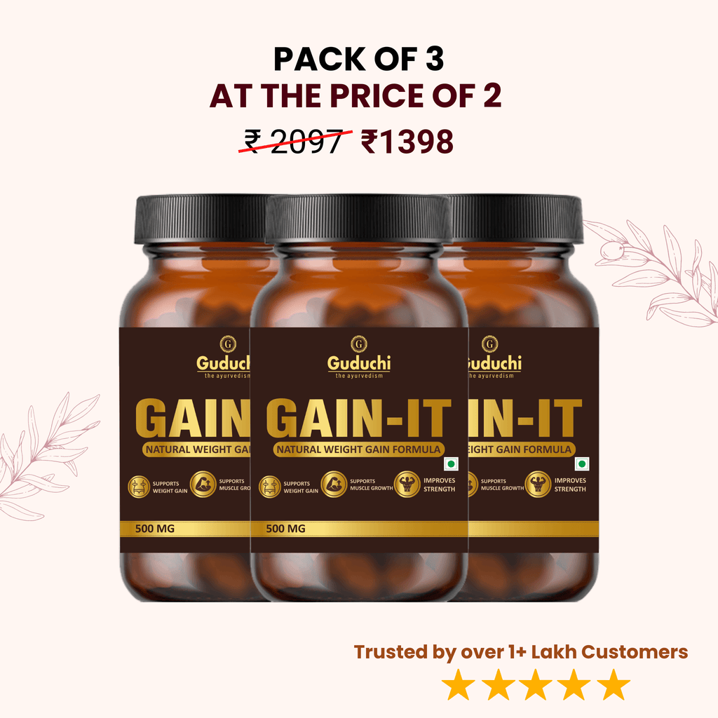 Guduchi Ayurveda GAIN-IT for Natural Weight & Muscle Gain and Bone Strength | For Under weight men and women | 500mg X 120 Tabs X 3 Bottles - Guduchi Ayurveda