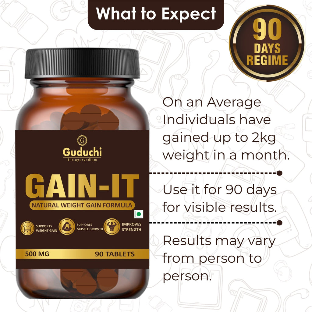 Guduchi Ayurveda GAIN-IT Tablets for Fast Weight & Muscle Gain and Bone Strength | For Under weight men and women | 500mg Tablets - 120 Tabs * 3 Bottles - Guduchi Ayurveda