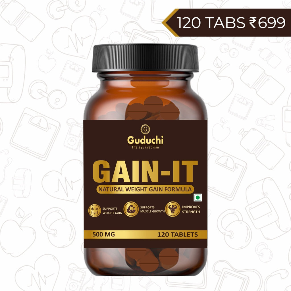 Guduchi Ayurveda GAIN-IT Tablets for Fast Weight & Muscle Gain and Bone Strength | For Under weight men and women | 500mg Tablets - 120 Tabs - Guduchi Ayurveda