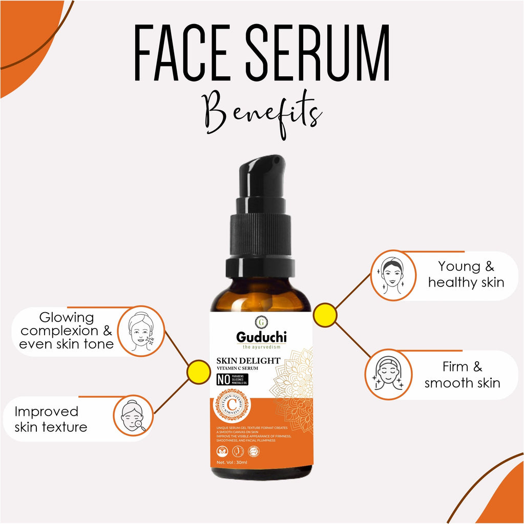 Guduchi Ayurveda Skin Delight Vitamin C [Kakadu plum extract] serum along with Jojoba oil and Aloe Vera. Improves the visible appearance of Firmness, Smoothness, and facial Plumpness. he visible appearance of Firmness, Smoothness & facial Plumpness-30ml - Guduchi Ayurveda