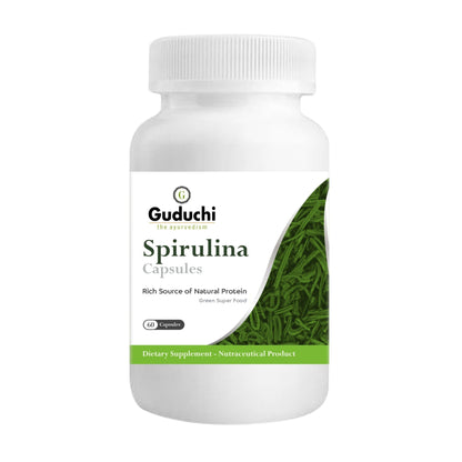 Guduchi Ayurveda Spirulina - 90 Capsules | Blue -Green Algae Oldest Living plant | More than 100 healthy & powerful Nutrients - Guduchi Ayurveda