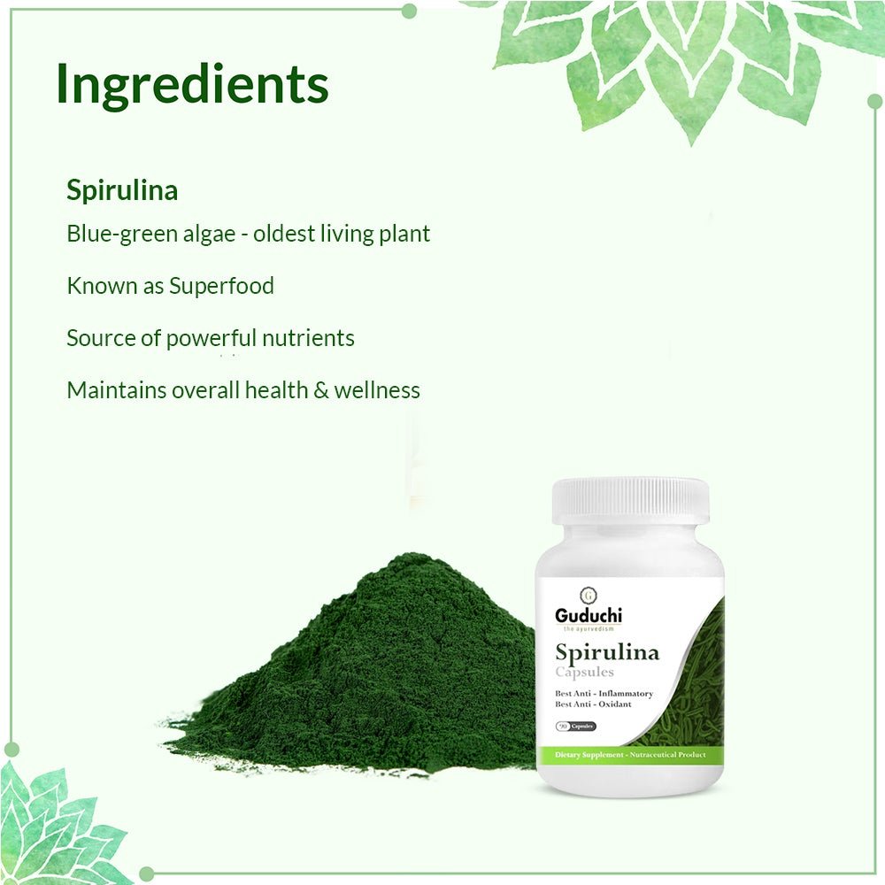 Guduchi Ayurveda Spirulina - 90 Capsules | Blue -Green Algae Oldest Living plant | More than 100 healthy & powerful Nutrients - Guduchi Ayurveda