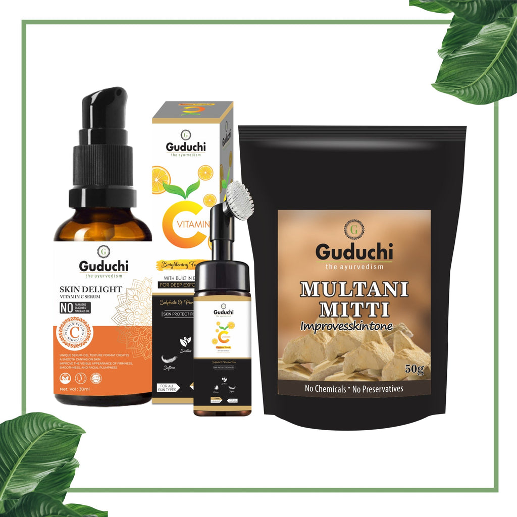 Guduchi Ayurveda's Skin Trio: Vitamin C Serum, Vitamin C Foaming Face Wash & Multani Mitti Combo for a Natural Glow - Guduchi Ayurveda