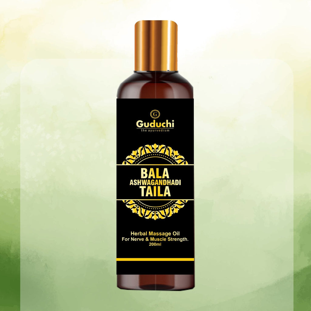 Guduchi Balaashwagandhadi body oil Improves Nerve and Muscle Strength | For External Use | 200 ML - Guduchi Ayurveda