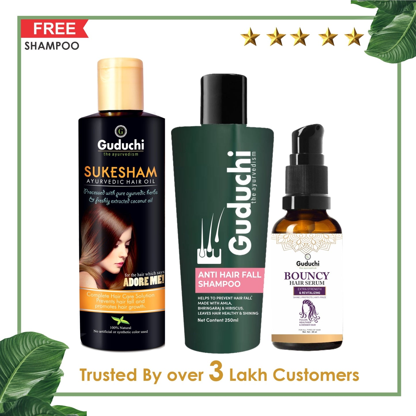 Hair Fall Defenders: Guduchi's Sukesham Oil, Anti Hairfall Shampoo & Bouncy Hair Serum Combo - Guduchi Ayurveda