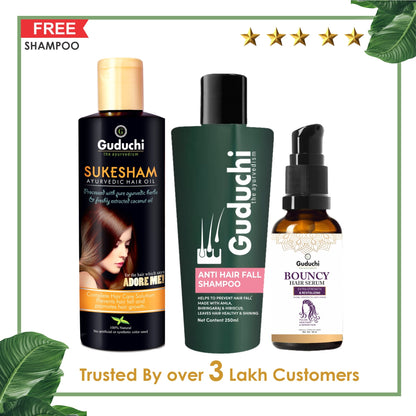 Hair Fall Defenders: Guduchi's Sukesham Oil, Anti Hairfall Shampoo & Bouncy Hair Serum Combo - Guduchi Ayurveda