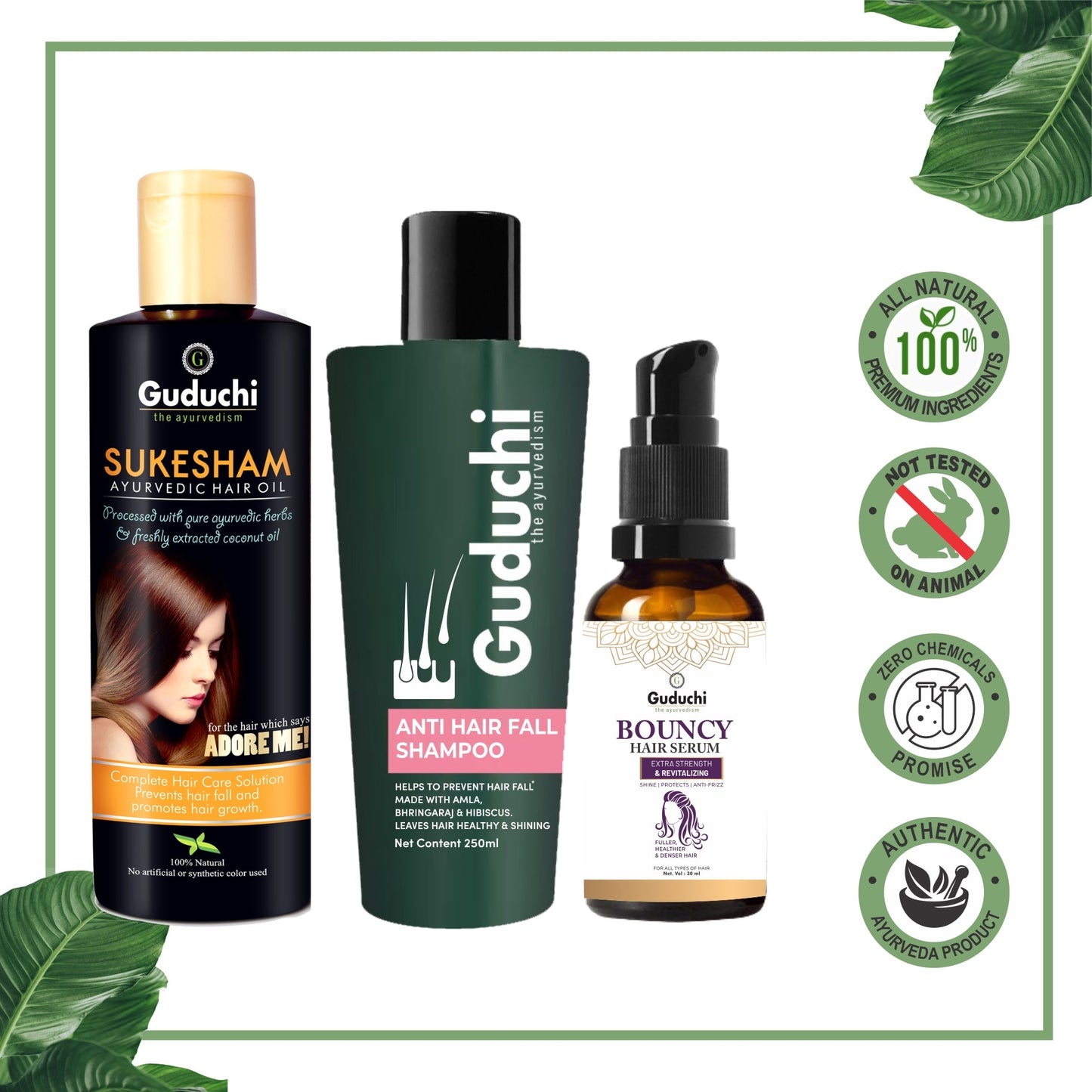 Hair Fall Defenders: Guduchi's Sukesham Oil, Anti Hairfall Shampoo & Bouncy Hair Serum Combo - Guduchi Ayurveda