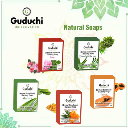 Herbal Handmade Aloe vera Bathing Soap for Moisturizing, Anti-Acne & Pimple Care 5*100gm - Guduchi Ayurveda