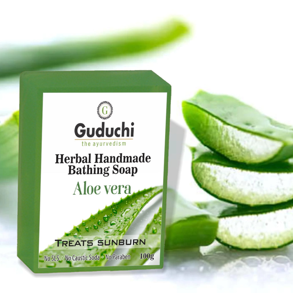 Herbal Handmade Aloe vera Bathing Soap for Moisturizing, Anti-Acne & Pimple Care 5*100gm - Guduchi Ayurveda