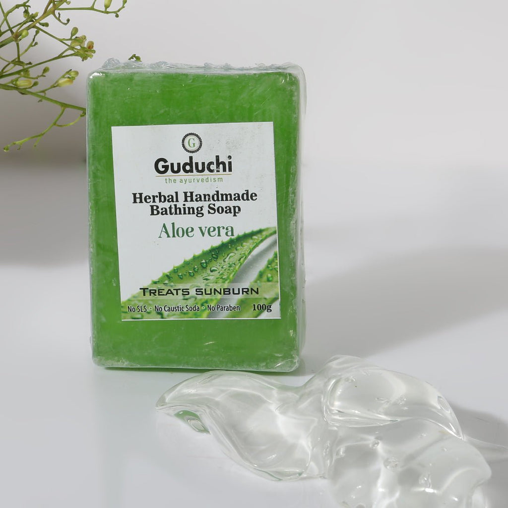 Herbal Handmade Aloe vera Bathing Soap for Moisturizing, Anti-Acne & Pimple Care 5*100gm - Guduchi Ayurveda