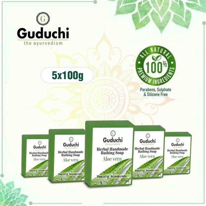 Herbal Handmade Aloe vera Bathing Soap for Moisturizing, Anti-Acne & Pimple Care 5*100gm - Guduchi Ayurveda