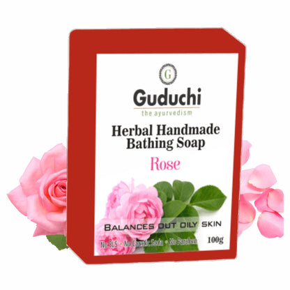 Herbal Handmade Rose Bathing Soap for Soft Skin & Oil Balance 5*100gm - Guduchi Ayurveda