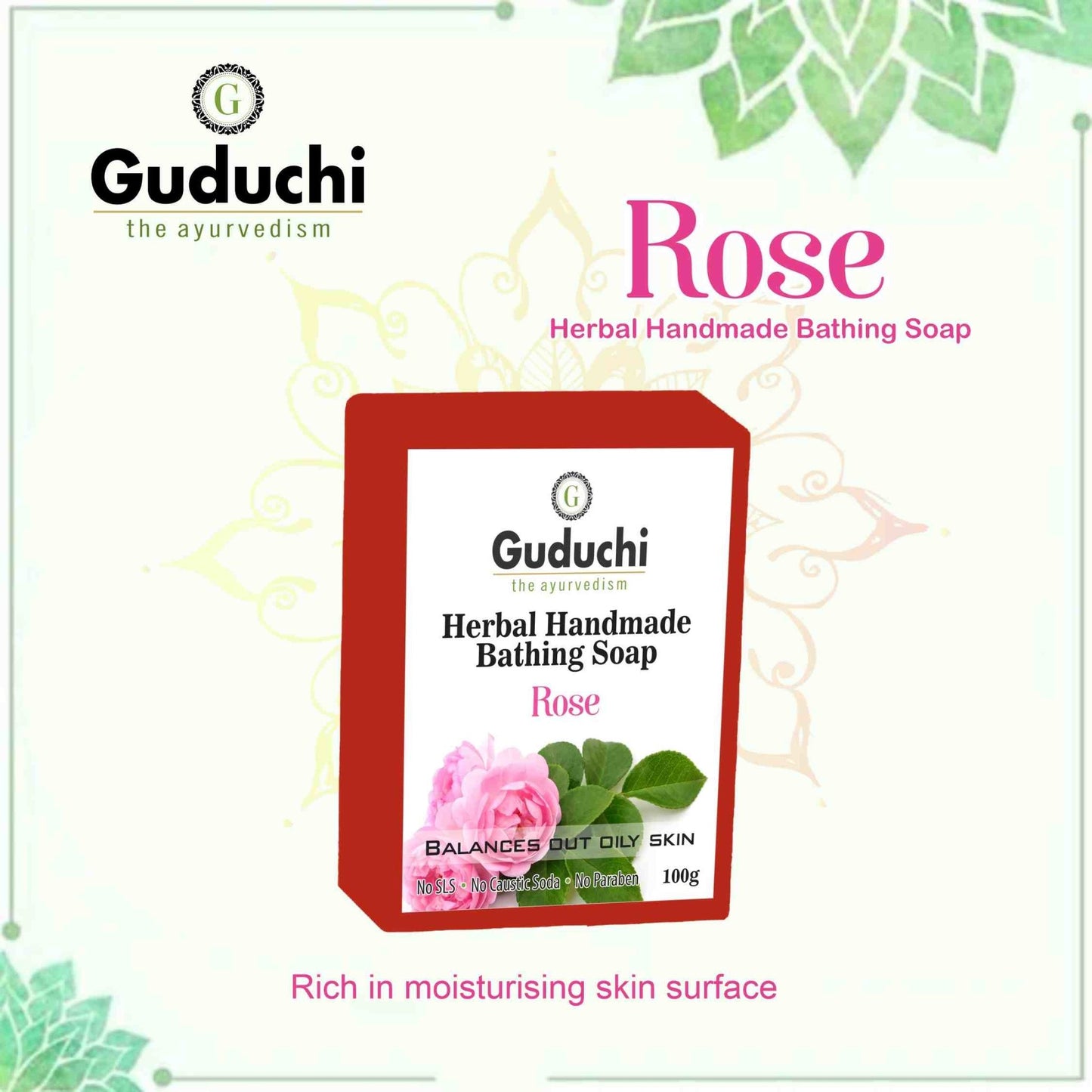 Herbal Handmade Rose Bathing Soap for Soft Skin & Oil Balance 5*100gm - Guduchi Ayurveda