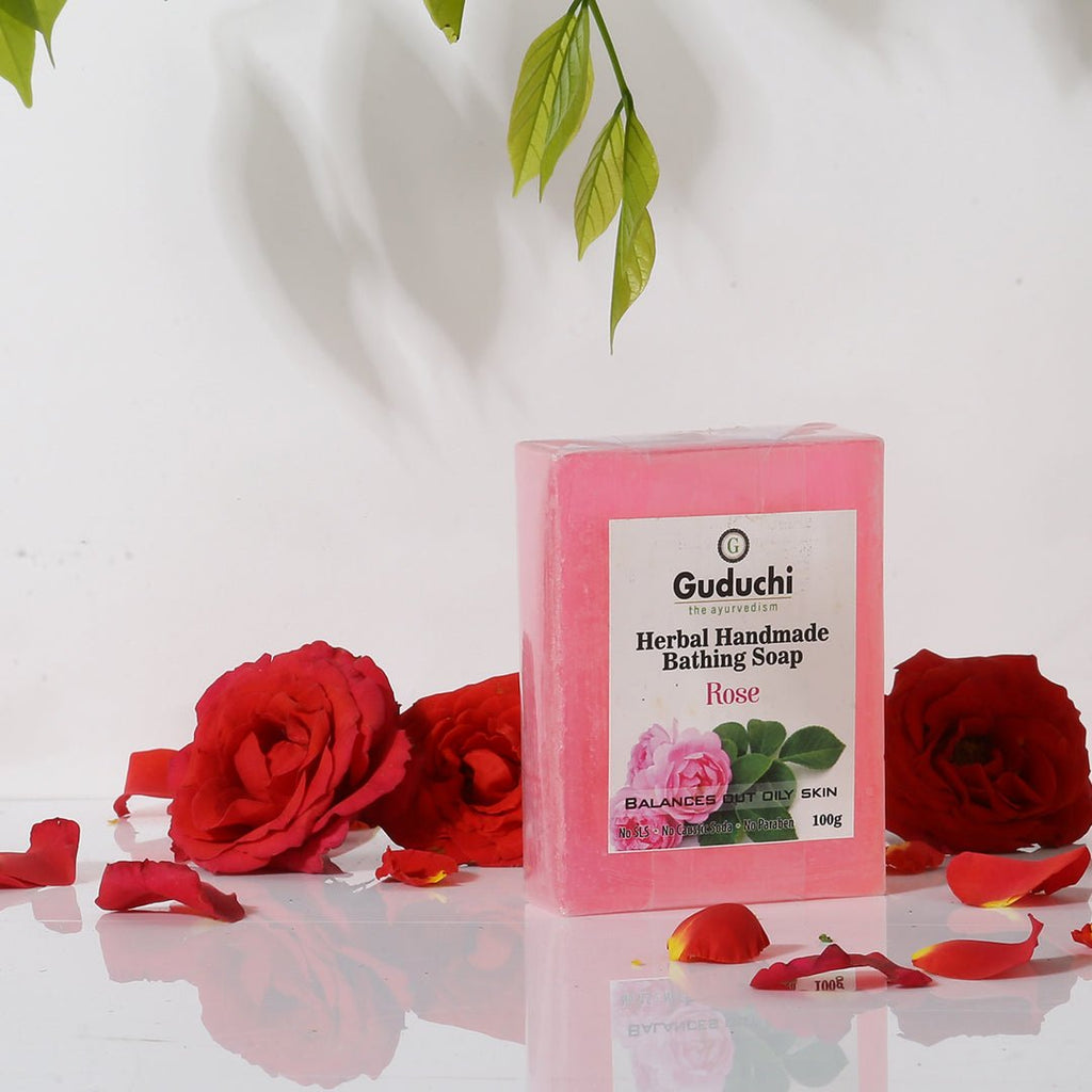 Herbal Handmade Rose Bathing Soap for Soft Skin & Oil Balance 5*100gm - Guduchi Ayurveda