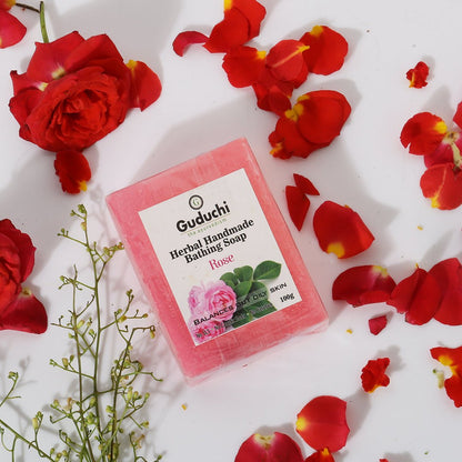 Herbal Handmade Rose Bathing Soap for Soft Skin & Oil Balance 5*100gm - Guduchi Ayurveda