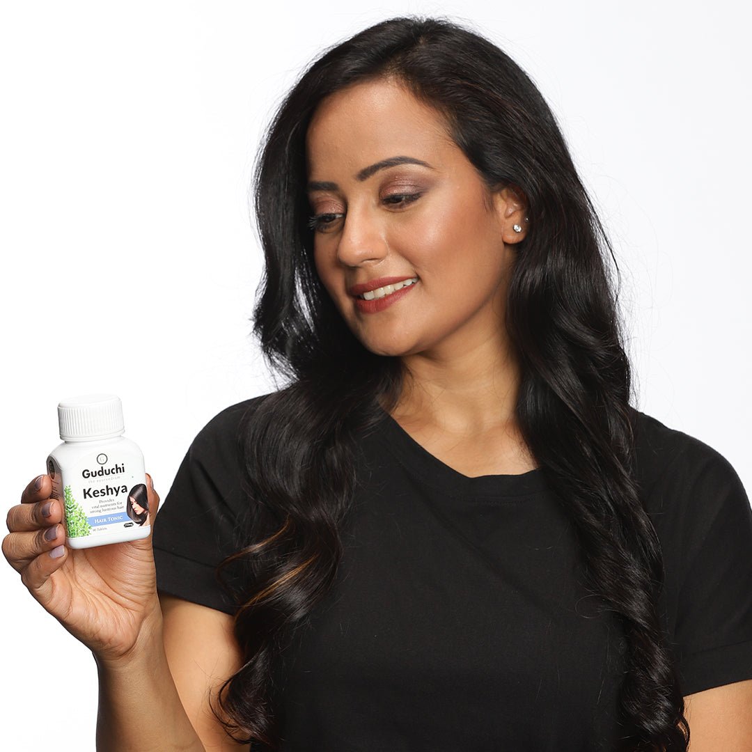 Keshya Hair Nutrition Supplement | Improves Scalp Health | Stimulate hair follicles | Prevents hair fall | Promotes hair growth | 250mg Tablets - Guduchi Ayurveda