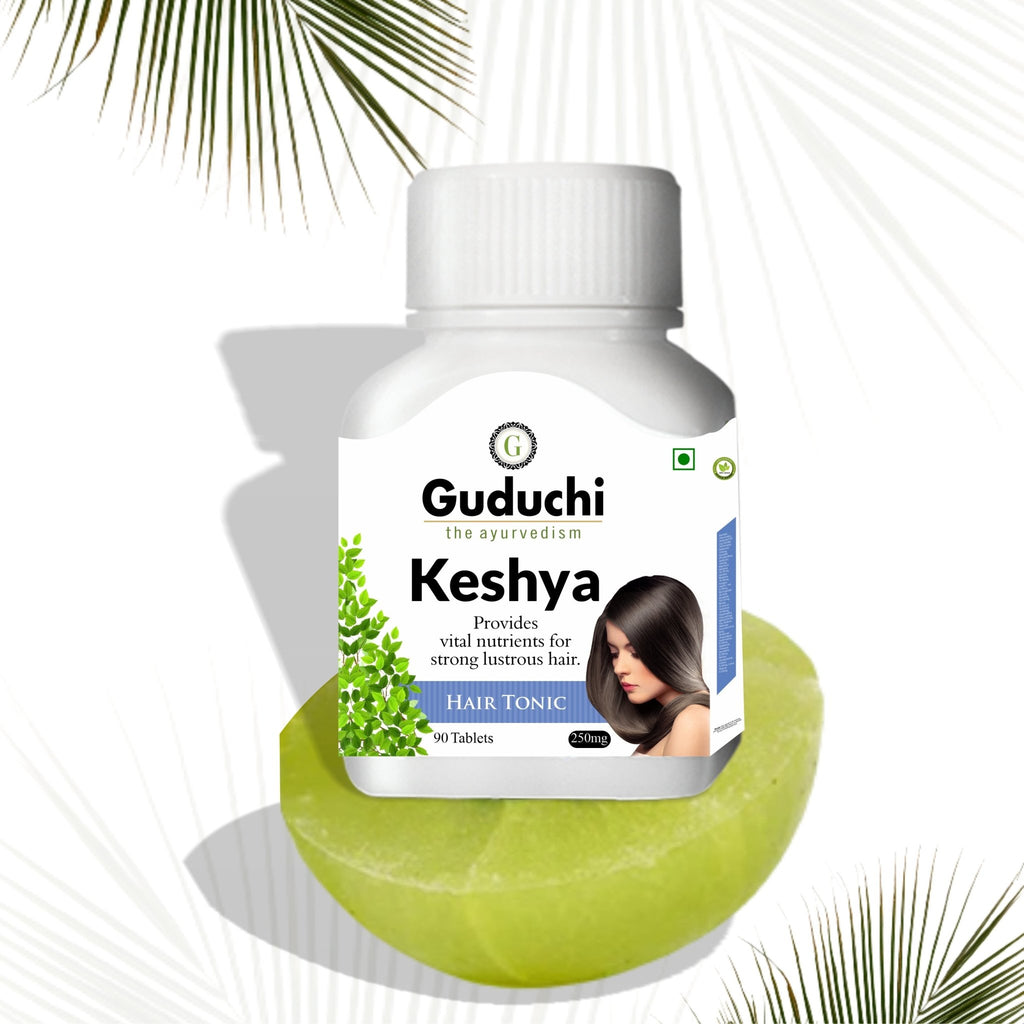 Keshya Hair Nutrition Supplement | Improves Scalp Health | Stimulate hair follicles | Prevents hair fall | Promotes hair growth | 250mg Tablets - Guduchi Ayurveda