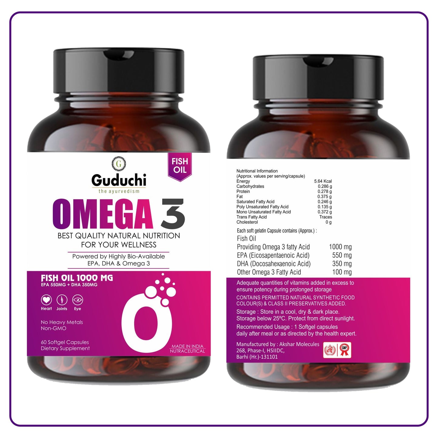 OMEGA 3 CAPSULES WITH FISH OIL - 1000MG TRIPLE STRENGTH - 60 CAPSULES - Guduchi Ayurveda